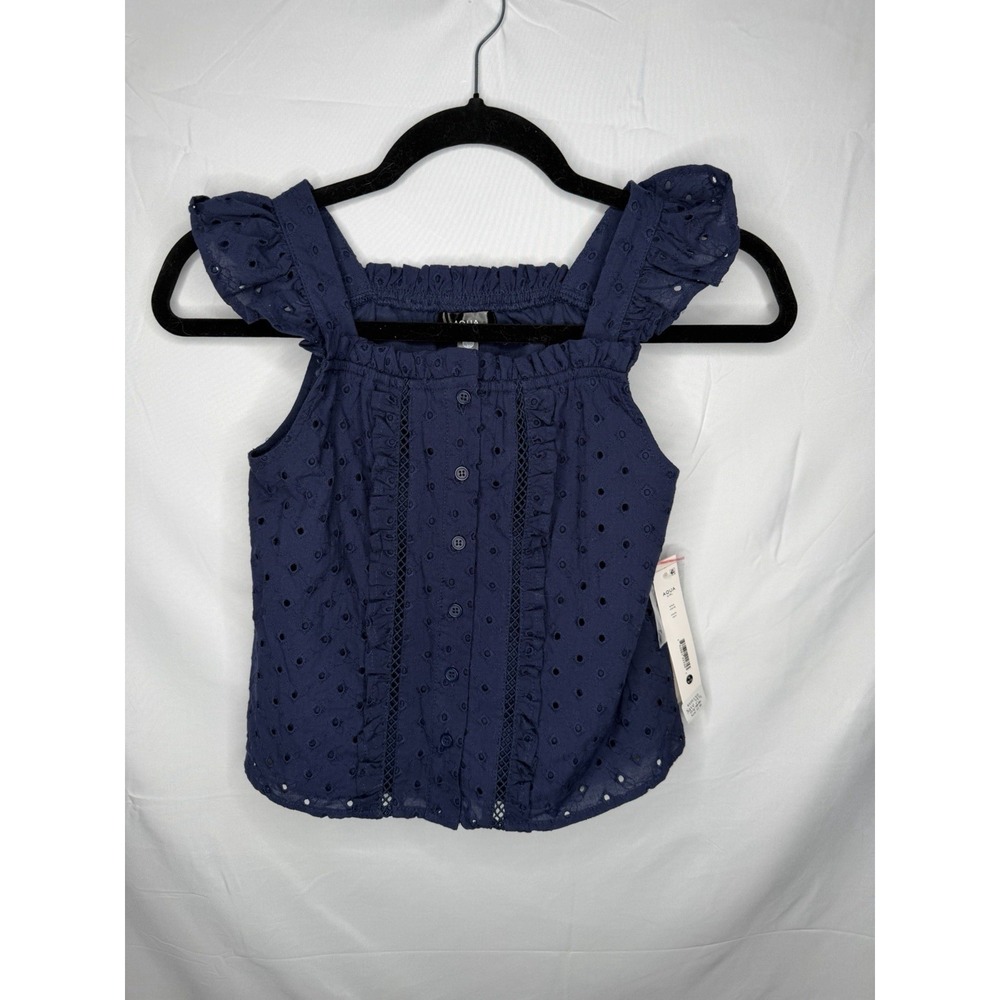 Aqua by Bloomingdales Girls Eyelet Top Navy Blue Ruffle Strap Size M NWT